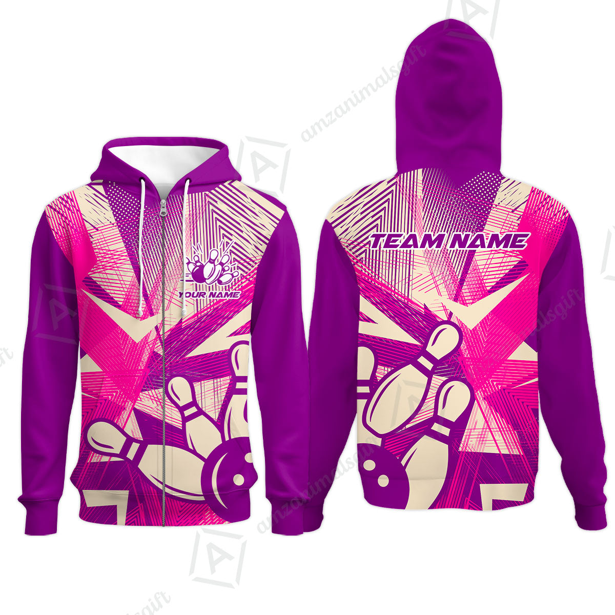 Customized Bowling Zip Hoodie, Bowling Ball And Pins Esports Pattern Zip Hoodie Uniform For Bowlers