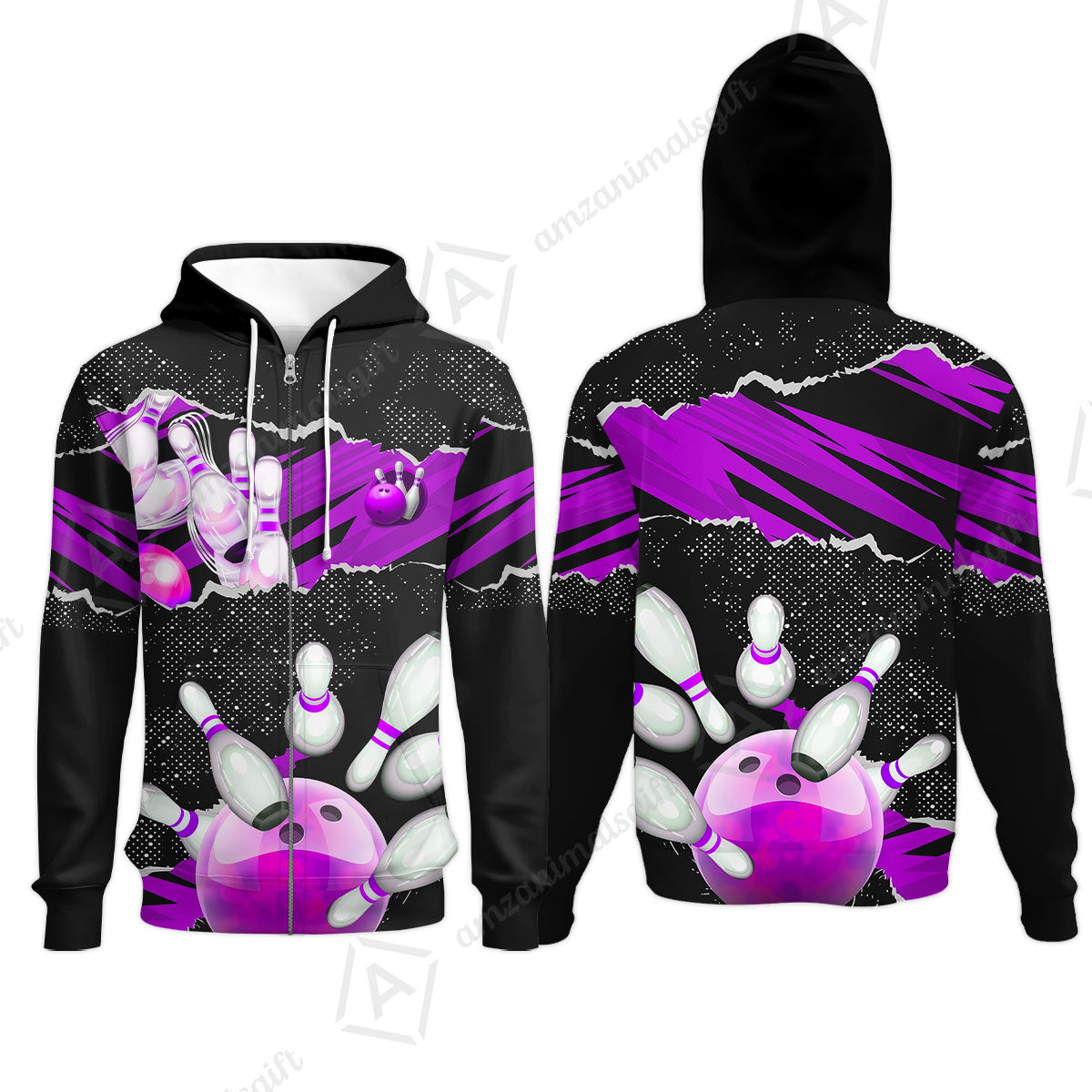 Personalized Bowling Zip Hoodie, Bowling Uniforms Ball & Pins Sport Pattern Custom Name And Team Name For Bowlers