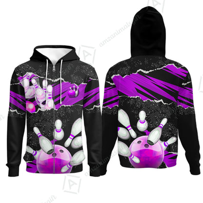 Personalized Bowling Zip Hoodie, Bowling Uniforms Ball & Pins Sport Pattern Custom Name And Team Name For Bowlers