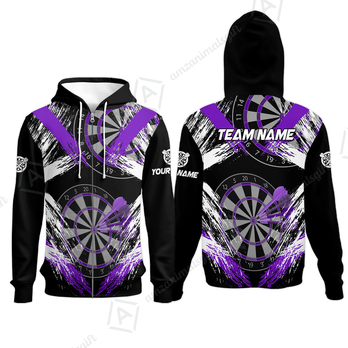Customized Darts Zip Hoodie, Darts Tournament Grunge Style Multicolor Zip Hoodie Jersey For Darts Player