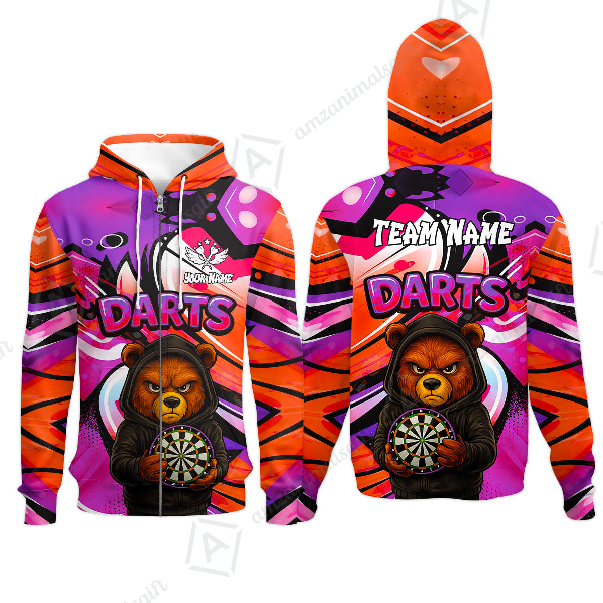 Customized Darts Team Uniform Shirt, Custom Darts Team Collar Quarter-Zip, Personalized Bear Darts Shirt with Name & Team Name