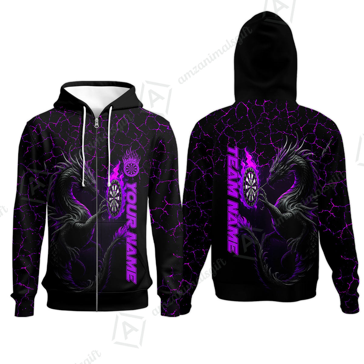 Customized Darts Zip Hoodie, Big Dragon Dartboard Flame Darts Zip Hoodie Team Style Jersey for Darts Players