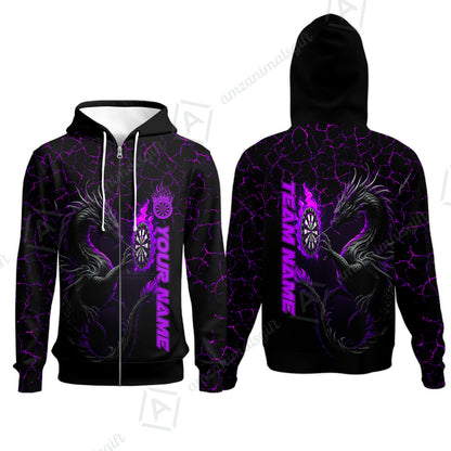 Customized Darts Zip Hoodie, Big Dragon Dartboard Flame Darts Zip Hoodie Team Style Jersey for Darts Players