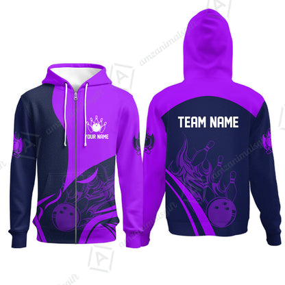 Customized Bowling Zip Hoodie, Flame Bowling Multicolor Custom Team Uniform Zip Hoodie, Jersey for Bowlers