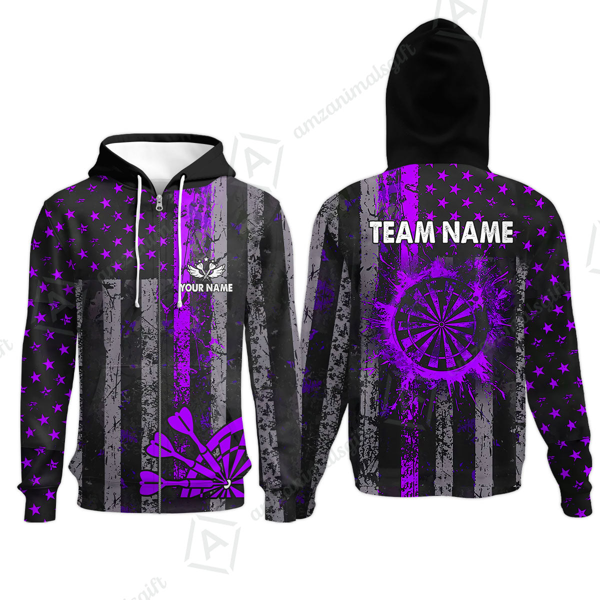 Customized Darts Zip Hoodie, Turquoise Grunge US Flag Patriotic Darts Zip Hoodie Jersey for Darts Players