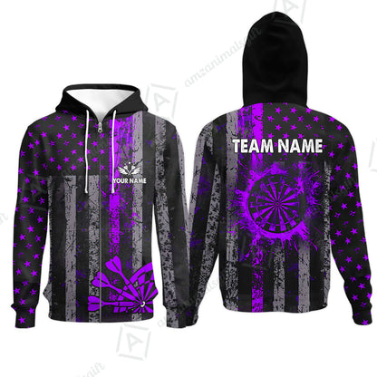 Customized Darts Zip Hoodie, Turquoise Grunge US Flag Patriotic Darts Zip Hoodie Jersey for Darts Players