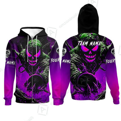 Custom Bowling Team Flat Neck Zip Jersey Shirt, Devil’s Strike Devil’s Strike Power Bowling Edition, Personalized Team Shirt with Custom Name