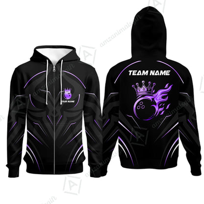 Customized Bowling Zip Hoodie, Custom Crown Bowling Uniform Hawaiian Jersey, Multicolor Team Style Jersey for Bowlers