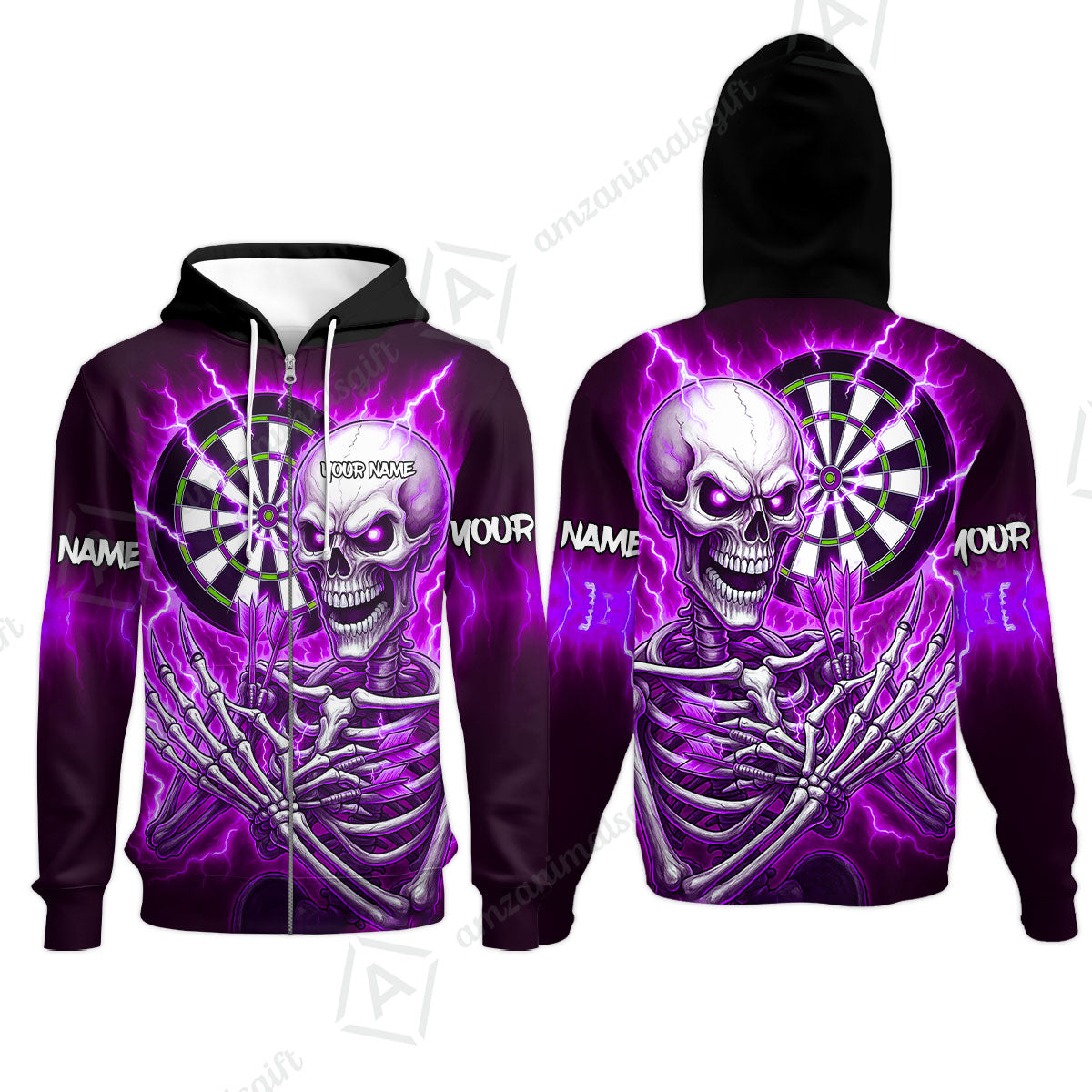 Custom Darts Team Zip Hoodie, Dartboard Electric Skeleton Darts Jersey Zip Hoodie, Custom Darts Uniforms Jersey