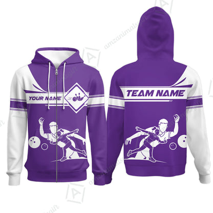 Customized Bowling Zip Hoodie, Men And Women Playing Bowling Ball Zip Hoodie Uniform Multicolor For Bowlers