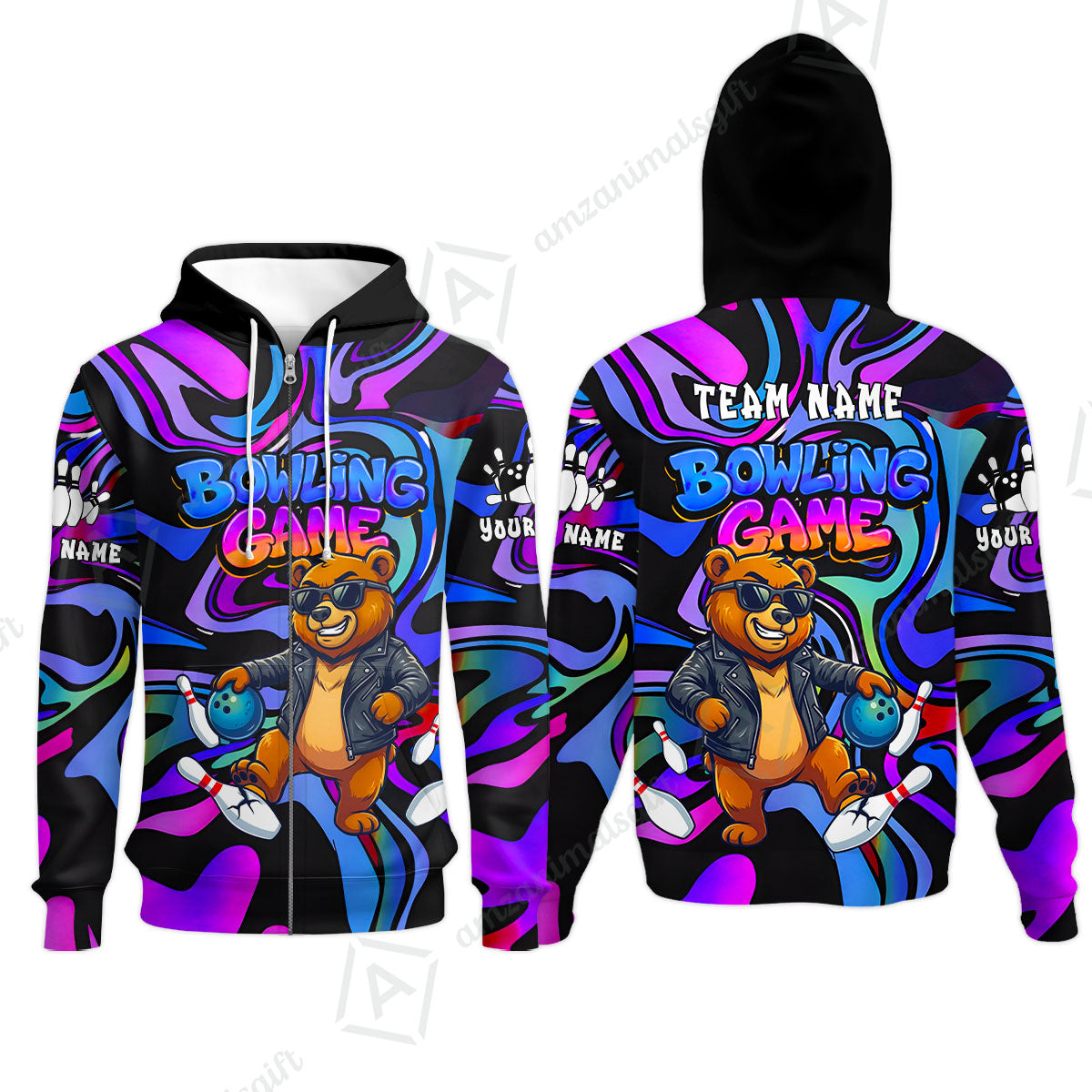 Custom Bowling Jersey Polo Shirt, Trippy Swirl Rocker Bear Graffiti Style, Custom Bowling Jersey Team Shirt For Players With Name & Team Name