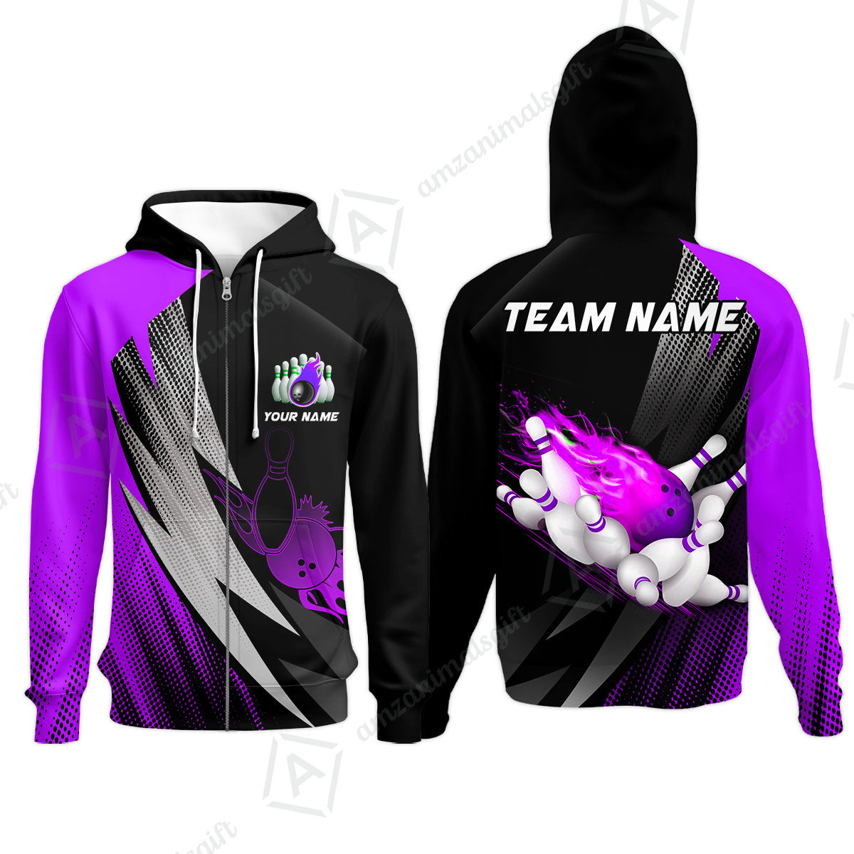 Customized Bowling Zip Hoodie, Bowling Ball And Pins Thunder Polka Dot Motifs Multicolor Option Customized Name And Team Polo Shirts