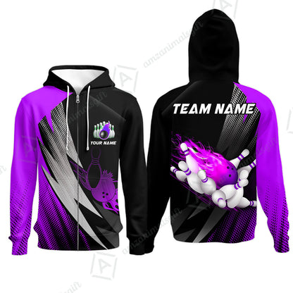 Customized Bowling Zip Hoodie, Bowling Ball And Pins Thunder Polka Dot Motifs Multicolor Option Customized Name And Team Polo Shirts