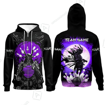 Custom Bowling Team Jerseys Polo Shirts, Bowling uniforms Ball And Pins Samurai Multicolor Options Personalized Name And Team Name