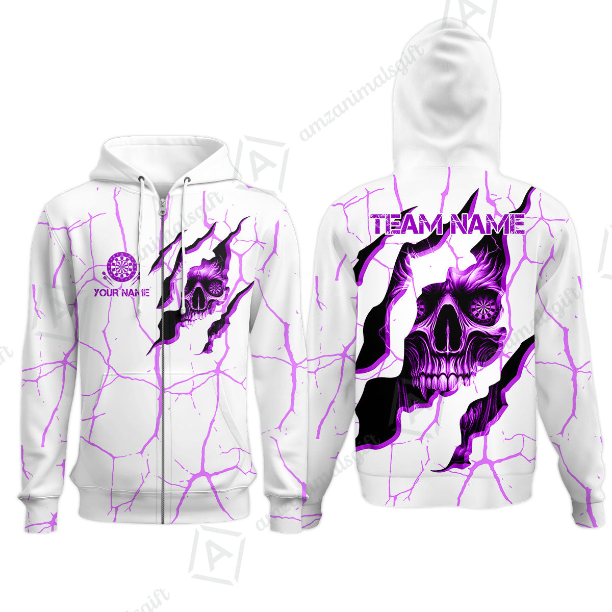 Customized Darts Zip Hoodie, Torn-Up Skull Dartboard Eyes Darts Zip Hoodie Team Style Jersey for Darts Players