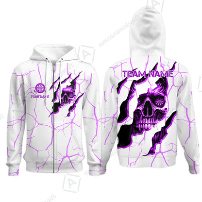 Customized Darts Zip Hoodie, Torn-Up Skull Dartboard Eyes Darts Zip Hoodie Team Style Jersey for Darts Players