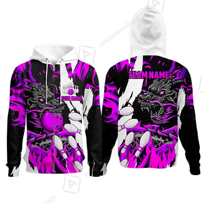 Custom Bowling Team Zip Hoodie, Bowling uniforms Ball & Pins Dragon Flame Pattern Personalized Name And Team Name