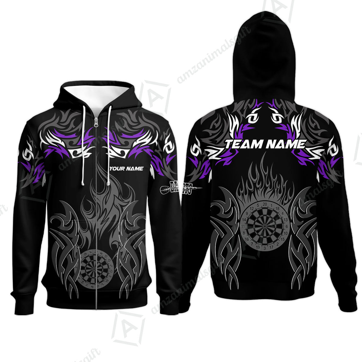 Customized Darts Zip Hoodie, Dartboard Fire Flame Darts Zip Hoodie Multicolor Team Style, Jersey for Darts Players