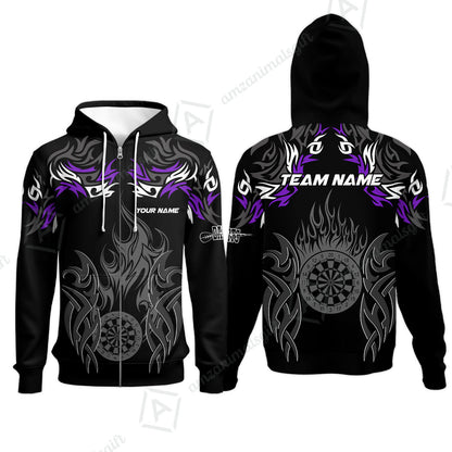 Customized Darts Zip Hoodie, Dartboard Fire Flame Darts Zip Hoodie Multicolor Team Style, Jersey for Darts Players