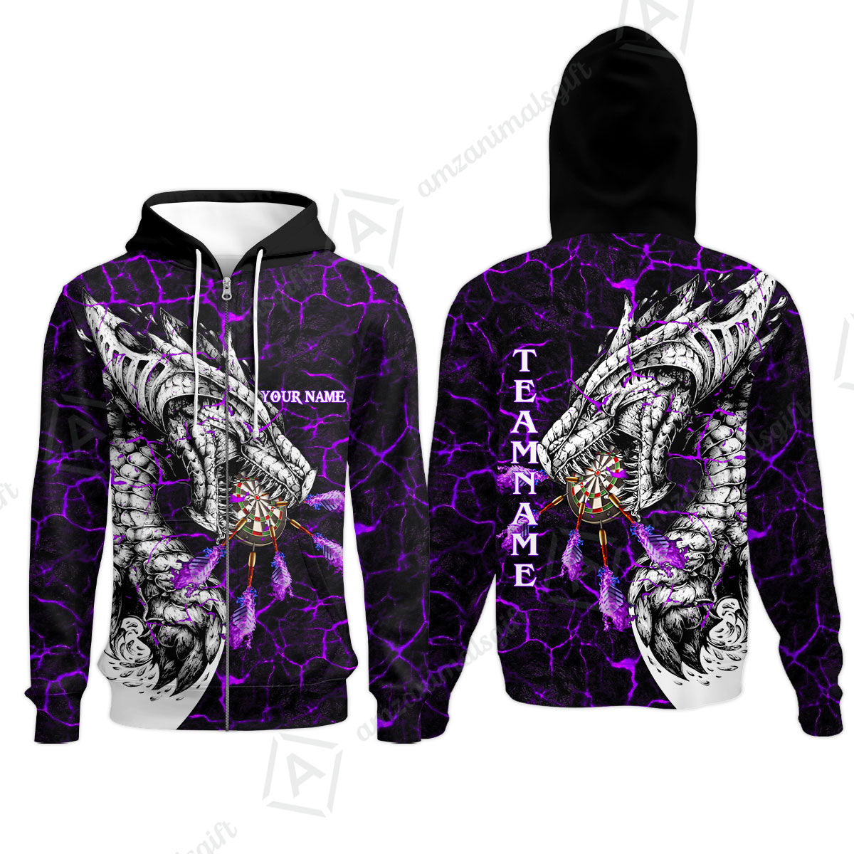 Customized Darts Team Zip Hoodie, Darts And Dragon With Magma Personalized Zip Hoodie For Darts Players