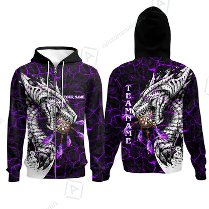 Customized Darts Team Zip Hoodie, Darts And Dragon With Magma Personalized Zip Hoodie For Darts Players