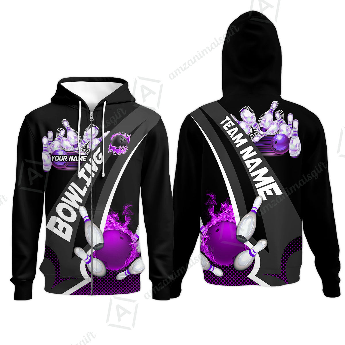 Customized Bowling Polo, Bowling And Pins Plame Premium Multicolor Option Personalized Name And Team Zipper Polo Jerseys Shirts