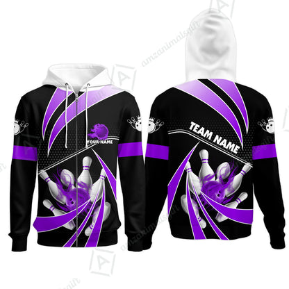 Customized Bowling Zip Hoodie, Bowling Ball & Pins Fire Light Sport Zip Hoodie Multicolor Option For Bowlers