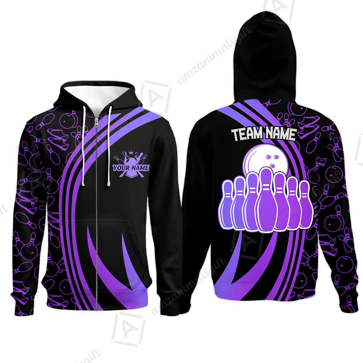 Customized Bowling Team Zip Hoodie Neon Multicolor Bowling Uniforms With Name And Team Name For Bowlers, Team League