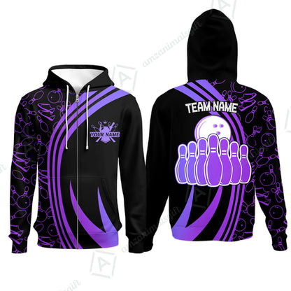 Customized Bowling Team Zip Hoodie Neon Multicolor Bowling Uniforms With Name And Team Name For Bowlers, Team League