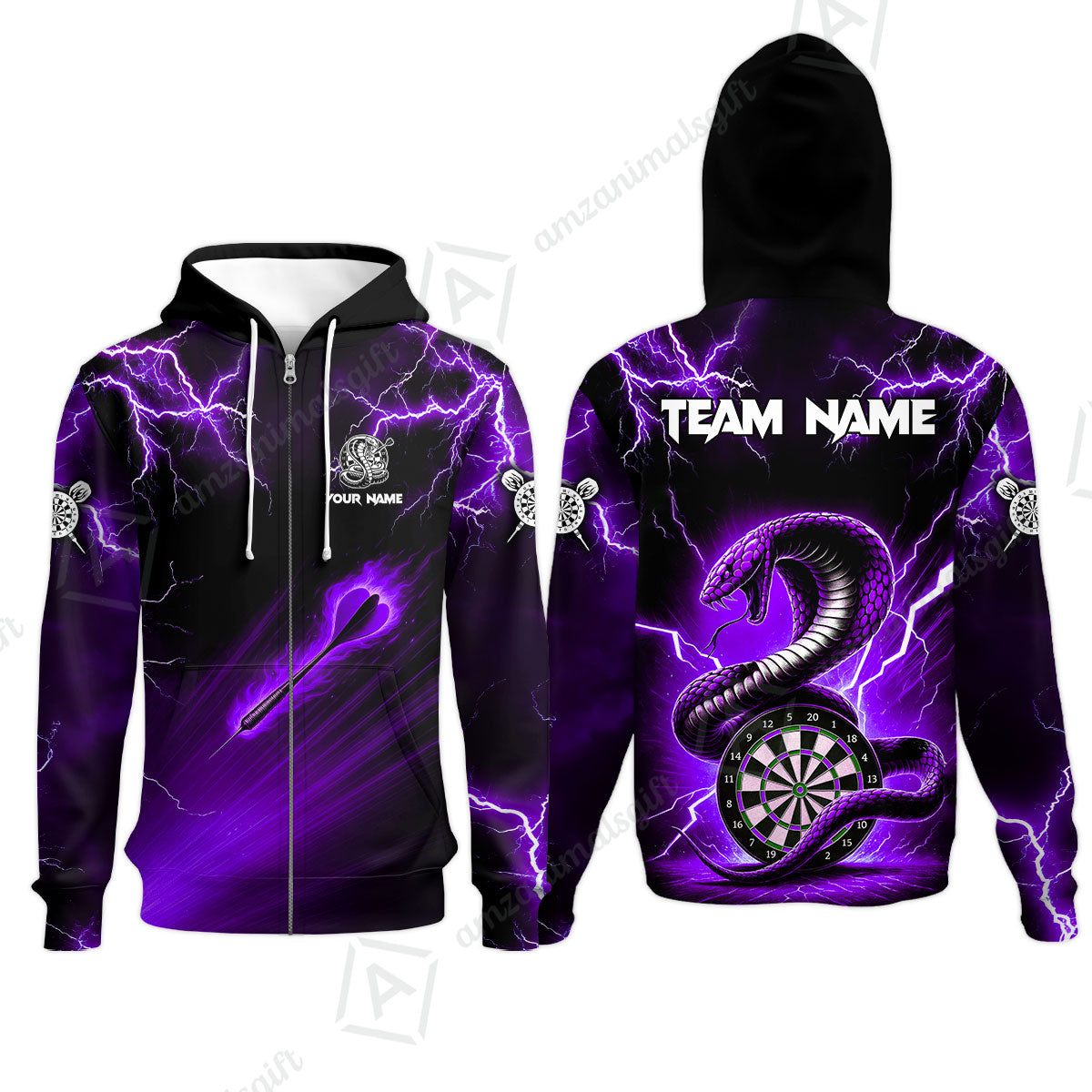 Customized Darts Zip Hoodie, Darts Thunder Lightning Cobra Snake Multicolor Zip Hoodie For Darts Player