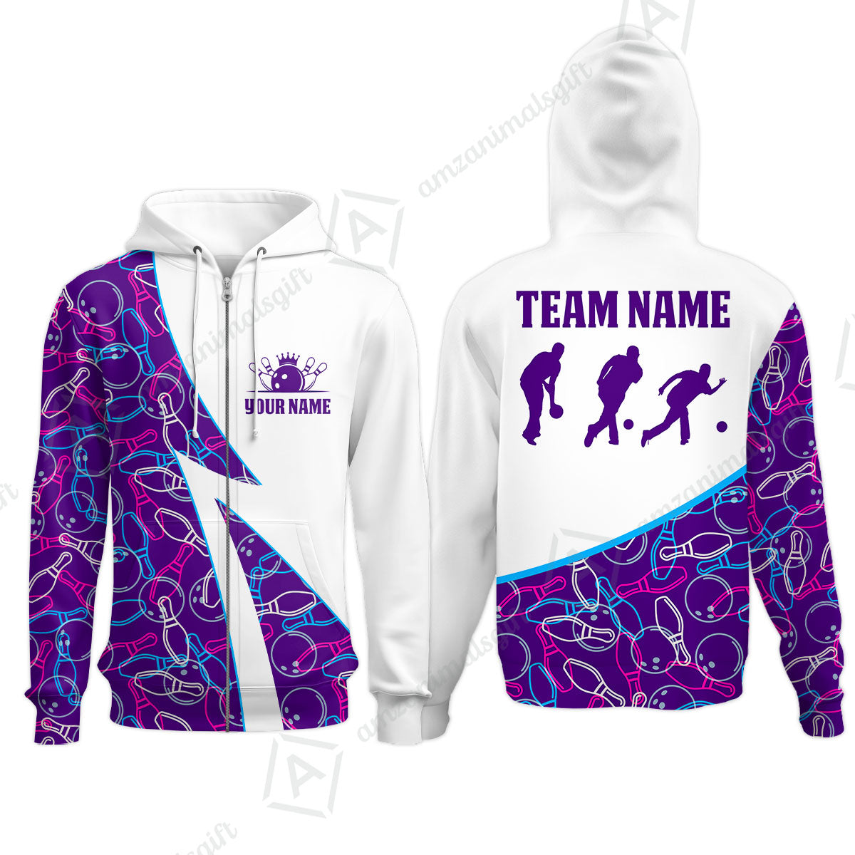 Custom Bowling Team Bowling Jersey, Neon Pattern Bowling Jersey With Player Silhouettes Multicolor Polo Quarter-Zip Shirts, Custom Bowling Uniforms Jerseys