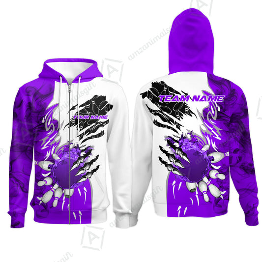 Customized Bowling Zip Hoodie, Bowling And Pins Plame Monster Hand Premium Multicolor Option Personalized Name And Team Zipper Polo Jerseys Shirts