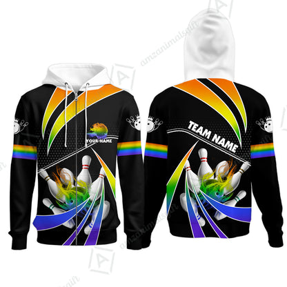 Customized Bowling Zip Hoodie, Bowling Ball & Pins Fire Light Sport Zip Hoodie Multicolor Option For Bowlers