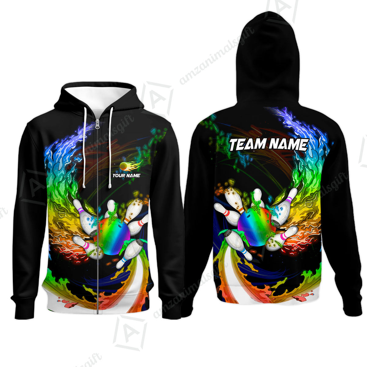 Personalized Bowling Zip Hoodie Breath Of Flaming Bowling Ball And Pins Multicolor Custom Name, Team Name For Bowlers