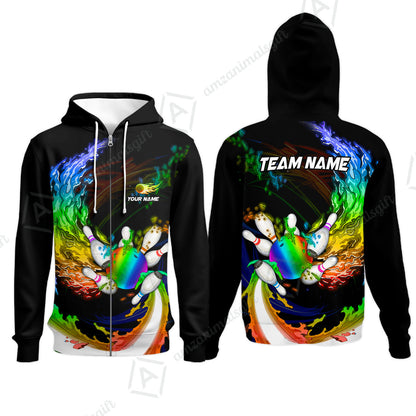 Personalized Bowling Zip Hoodie Breath Of Flaming Bowling Ball And Pins Multicolor Custom Name, Team Name For Bowlers