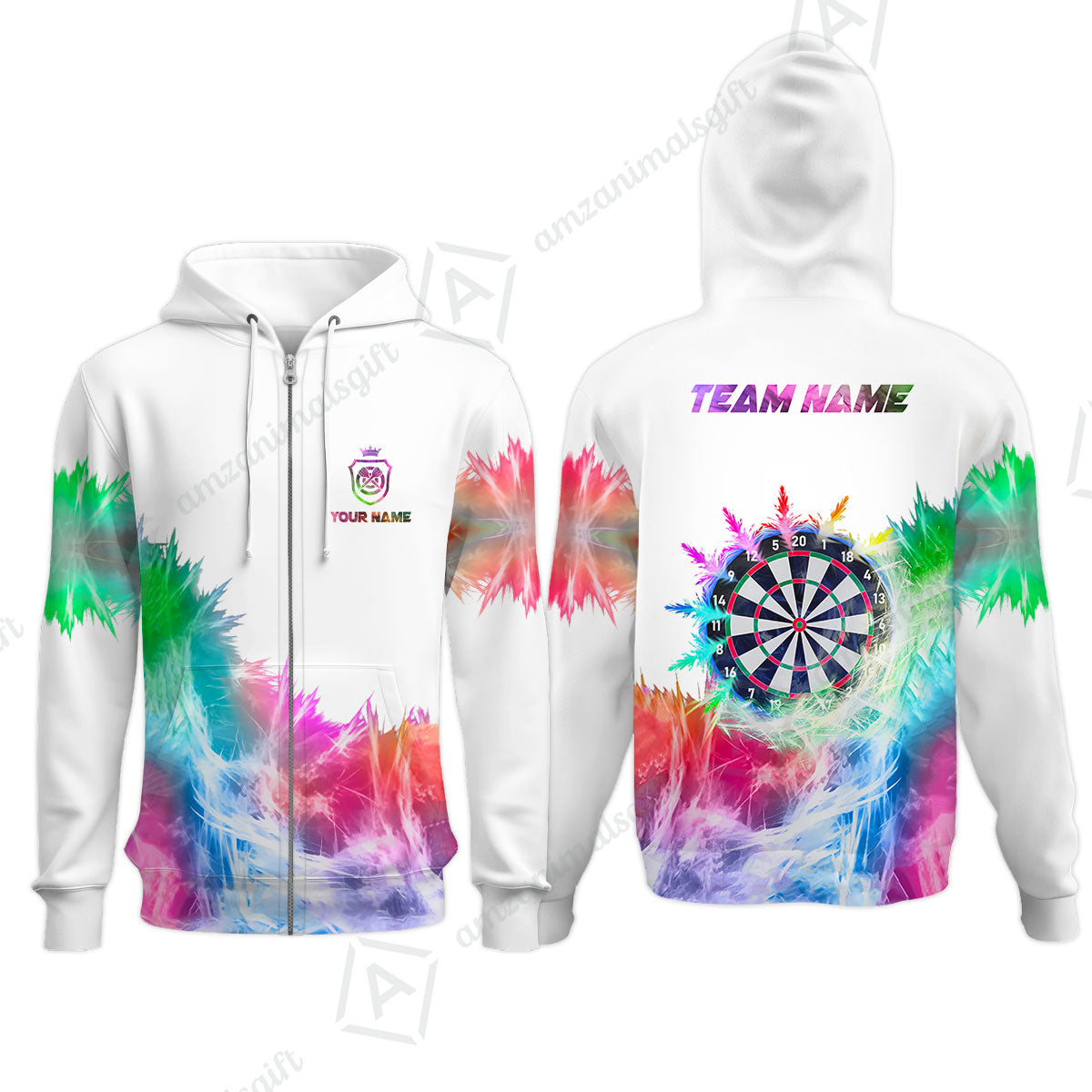 Customized Darts Zip Hoodie, Darts Icy Light White And Multi Color Team Zip Hoodie Jersey For Darts Player