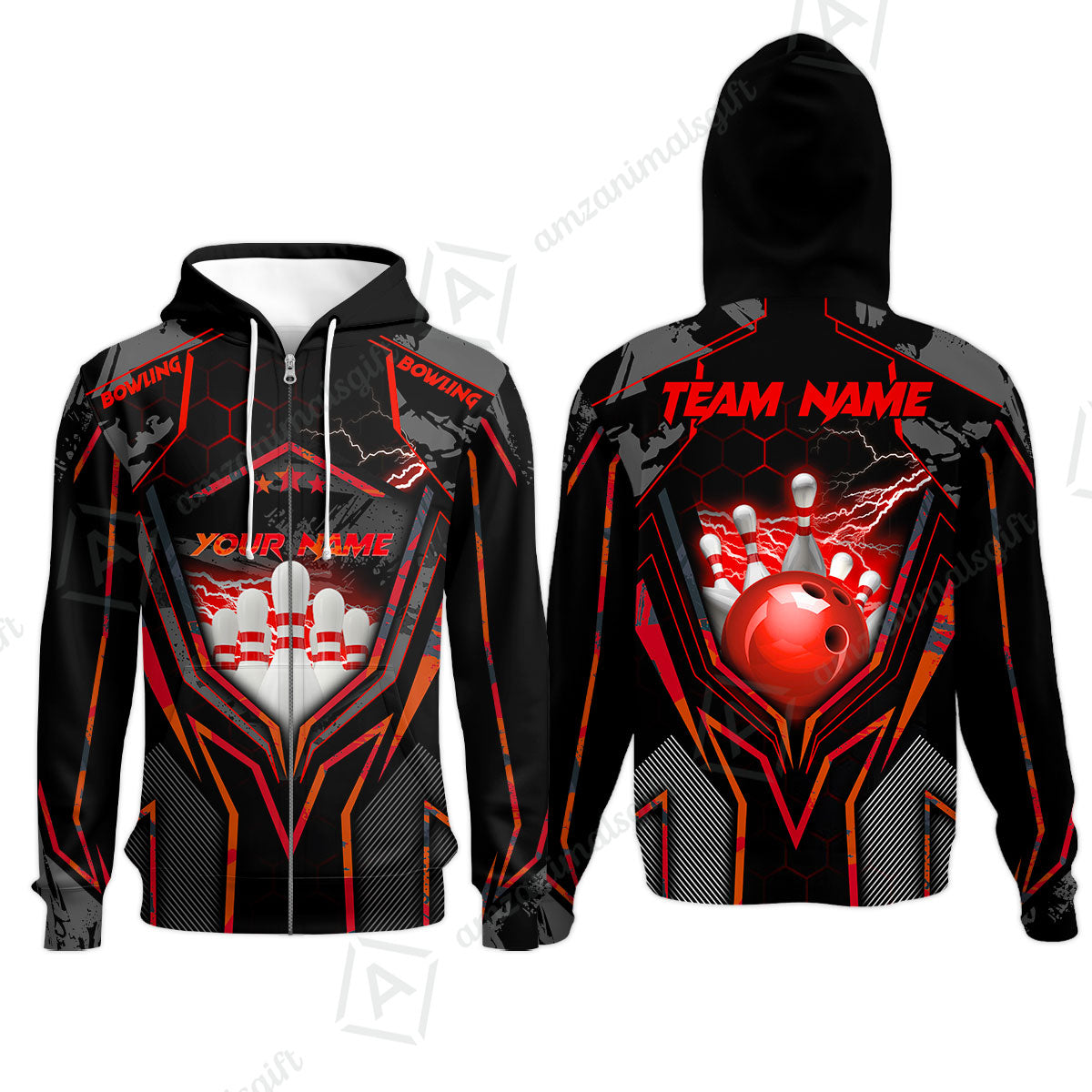 Customized Bowling Jersey, Bowling And Pins Abstract Grunge Texture X Multicolor Option Customized Name And Team Name Zipper Polo Jerseys Shirts