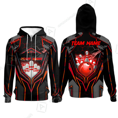 Customized Bowling Jersey, Bowling And Pins Abstract Grunge Texture X Multicolor Option Customized Name And Team Name Zipper Polo Jerseys Shirts