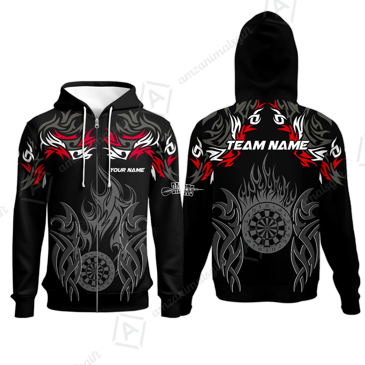 Customized Darts Zip Hoodie, Dartboard Fire Flame Darts Zip Hoodie Multicolor Team Style, Jersey for Darts Players