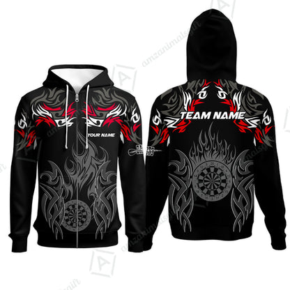 Customized Darts Zip Hoodie, Dartboard Fire Flame Darts Zip Hoodie Multicolor Team Style, Jersey for Darts Players