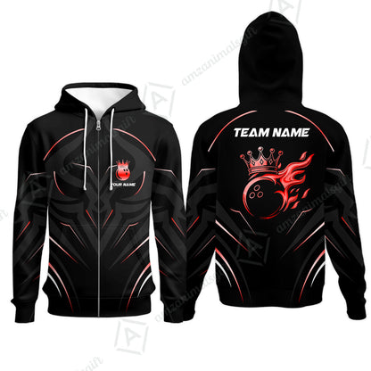 Customized Bowling Zip Hoodie, Custom Crown Bowling Uniform Hawaiian Jersey, Multicolor Team Style Jersey for Bowlers