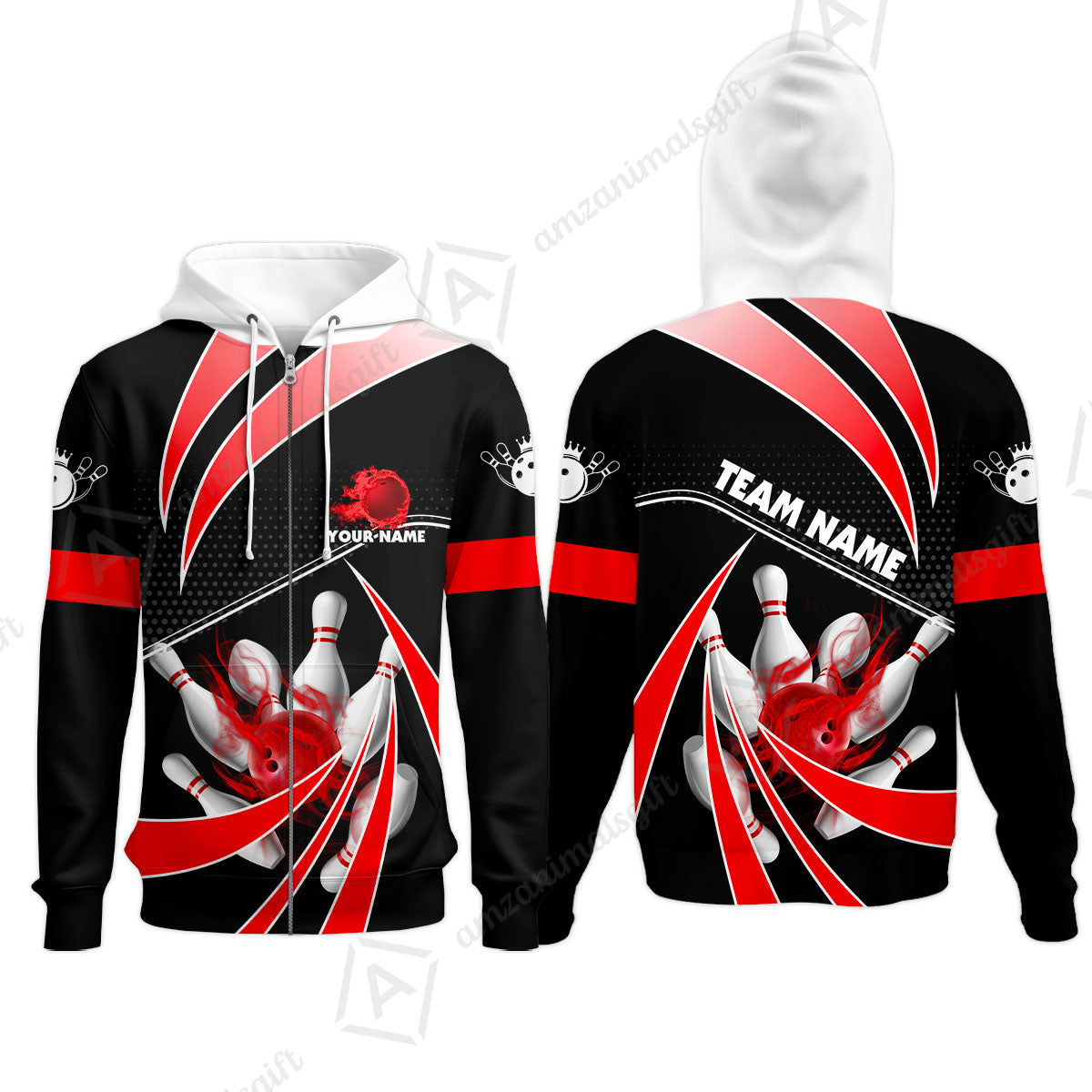 Customized Bowling Zip Hoodie, Bowling Ball & Pins Fire Light Sport Zip Hoodie Multicolor Option For Bowlers