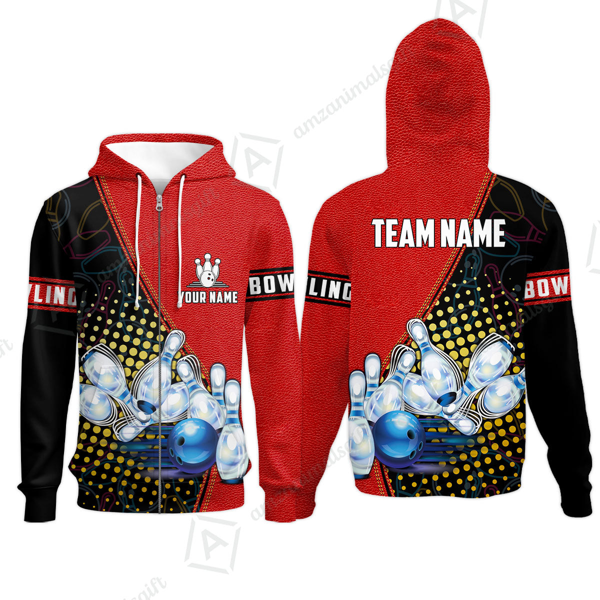 Custom Bowling Zip Hoodie - Black And Blue Bowling Ball Pattern Personalized Name Zip Hoodie