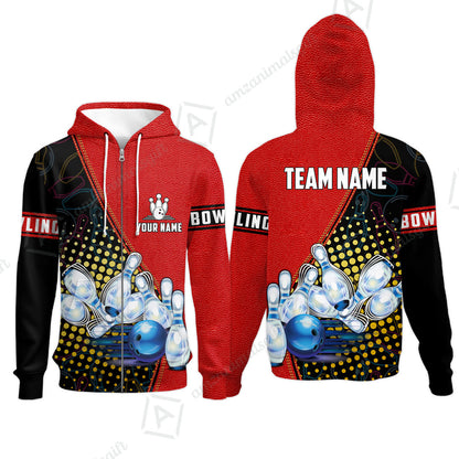 Custom Bowling Zip Hoodie - Black And Blue Bowling Ball Pattern Personalized Name Zip Hoodie