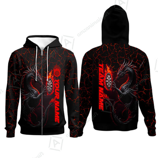 Customized Darts Zip Hoodie, Big Dragon Dartboard Flame Darts Zip Hoodie Team Style Jersey for Darts Players