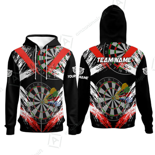 Customized Darts Zip Hoodie, Darts Tournament Grunge Style Multicolor Zip Hoodie Jersey For Darts Player