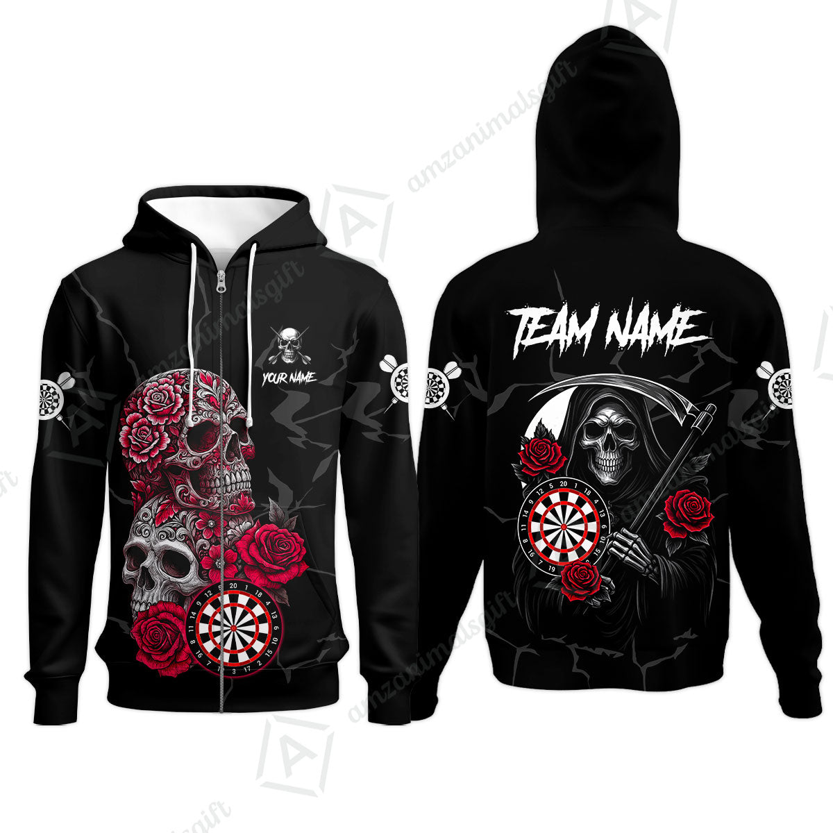 Customized Darts Zip Hoodie, Darts Turquoise Skull Roses Dartboard Zip Hoodie Style Jersey for Darts Players
