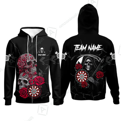 Customized Darts Zip Hoodie, Darts Turquoise Skull Roses Dartboard Zip Hoodie Style Jersey for Darts Players