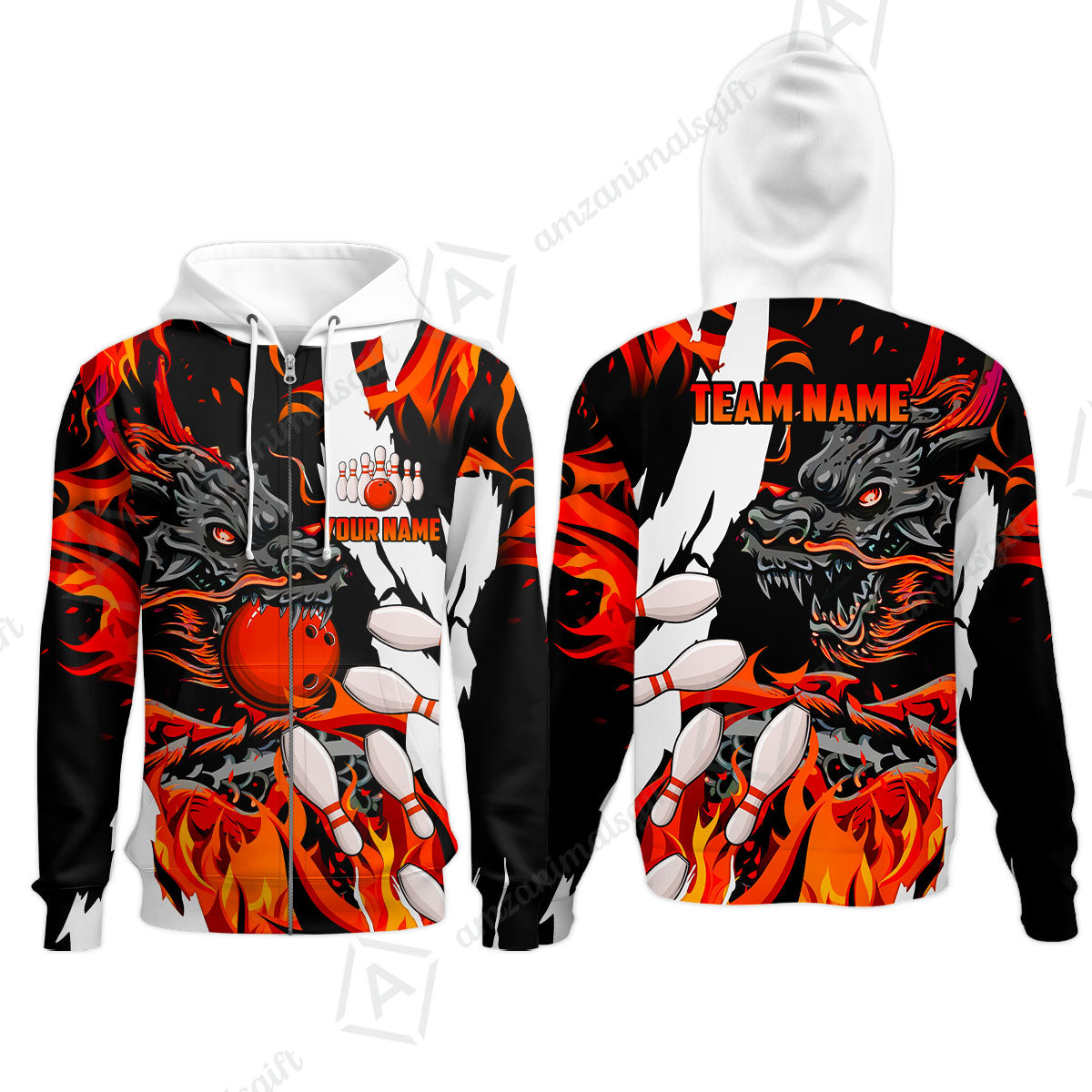 Custom Bowling Team Zip Hoodie, Bowling uniforms Ball & Pins Dragon Flame Pattern Personalized Name And Team Name