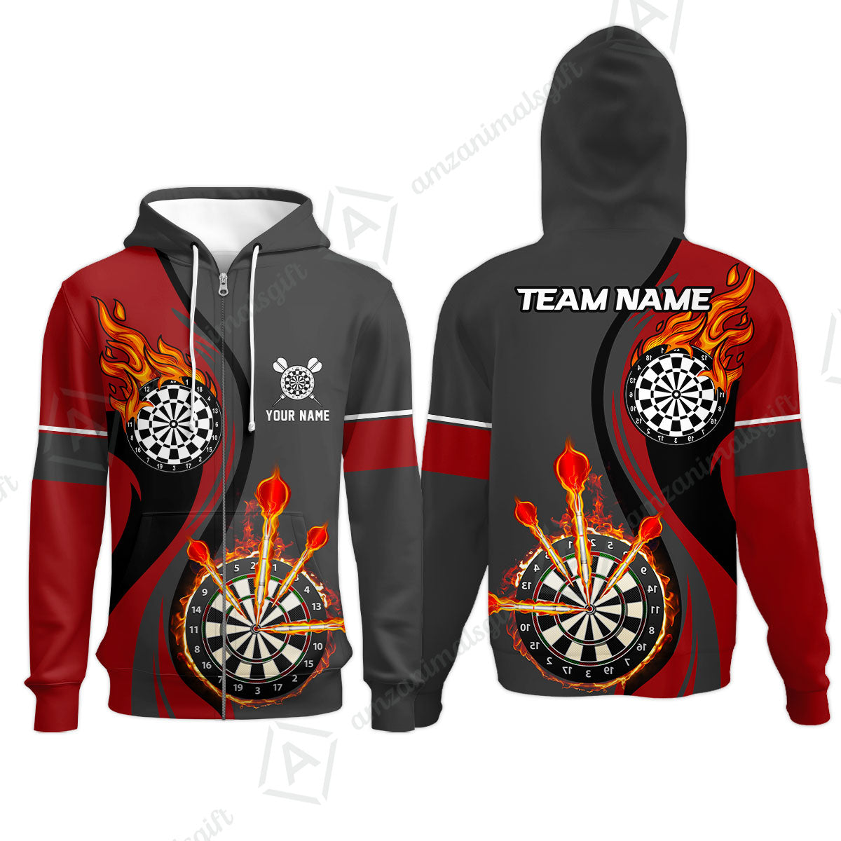 Custom Tailored Fire Flames Darts Team Jersey Polo Quarter-Zip Shirts, Customized Name Team Name Darts Team Jerseys Uniform